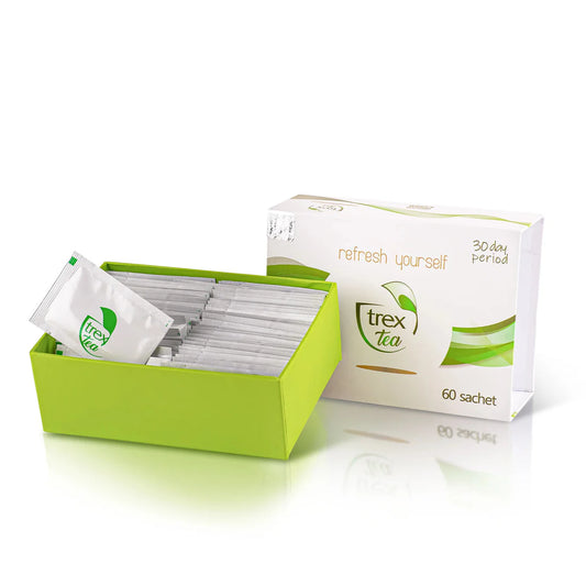 Sachets de thé Trex Tea présentés avec leur boîte d’origine